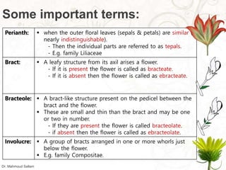 Some important terms:
 when the outer floral leaves (sepals & petals) are similar (
nearly indistinguishable).
- Then the individual parts are referred to as tepals.
- E.g. family Liliaceae
Perianth:
 A leafy structure from its axil arises a flower.
- If it is present the flower is called as bracteate.
- If it is absent then the flower is called as ebracteate.
Bract:
 A bract-like structure present on the pedicel between the
bract and the flower.
 These are small and thin than the bract and may be one
or two in number.
- If they are present the flower is called bracteolate.
- if absent then the flower is called as ebracteolate.
Bracteole:
 A group of bracts arranged in one or more whorls just
below the flower.
 E.g. family Compositae.
Involucre:
Dr. Mahmoud Sallam
 