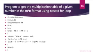 Program to get the multiplication table of a given
number in the m*n format using nested for loop.
 #include <iostream>
 int main () {
 using namespace std;
 int m;
 int n;
 for (m = 10; m <= 11; m++)
 {
 cout << "Table of " << m << endl;
 for (n = 1; n <= 10; n++)
 {cout << m << "*" << n << "=" << (m*n) << endl;}
 }
 return 0;
 } Lahore Garrison University
18
 
