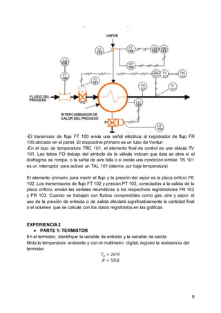 8
-El transmisor de flujo FT 100 envía una señal eléctrica al registrador de flujo FR
100 ubicado en el panel. El dispositivo primario es un tubo de Venturi
-En el lazo de temperatura TRC 101, el elemento final de control es una válvula TV
101. Las letras FO debajo del símbolo de la válvula indican que ésta se abre si el
diafragma se rompe, o la señal de aire falla o si existe una condición similar. TS 101
es un interruptor para activar un TAL 101 (alarma por baja temperatura)
El elemento primario para medir el flujo y la presión del vapor es la placa orificio FE
102. Los transmisores de flujo FT 102 y presión PT 103, conectados a la salida de la
placa orificio, envían las señales neumáticas a los respectivos registradores FR 102
y PR 103. Cuando se trabajan con fluidos compresibles como gas, aire y vapor, el
uso de la presión de entrada o de salida afectará significativamente la cantidad final
o el volumen que se calcule con los datos registrados en las gráficas
EXPERIENCIA 2
● PARTE 1: TERMISTOR
En el termistor, identifique la variable de entrada y la variable de salida
Mida la temperatura ambiente y con el multímetro digital, registre la resistencia del
termistor
𝑇0 = 26º𝐶
𝑅 = 5𝐾𝛺
 