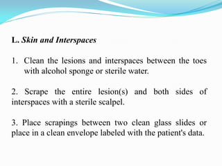 L. Skin and Interspaces
1. Clean the lesions and interspaces between the toes
with alcohol sponge or sterile water.
2. Scrape the entire lesion(s) and both sides of
interspaces with a sterile scalpel.
3. Place scrapings between two clean glass slides or
place in a clean envelope labeled with the patient's data.
 