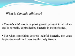 What is Candida albicans?
• Candida albicans is a yeast growth present in all of us
and is normally controlled by bacteria in the intestines.
• But when something destroys helpful bacteria, the yeast
begins to invade and colonize the body tissues.
 