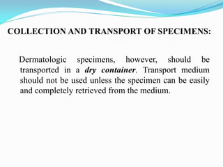 COLLECTION AND TRANSPORT OF SPECIMENS:
Dermatologic specimens, however, should be
transported in a dry container. Transport medium
should not be used unless the specimen can be easily
and completely retrieved from the medium.
 