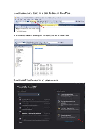 4. Abrimos un nuevo Query en la base de datos de datos Pubs
5. Llamamos la tabla sales para ver los datos de la tabla sales
6. Abrimos el visual y creamos un nuevo proyecto
 