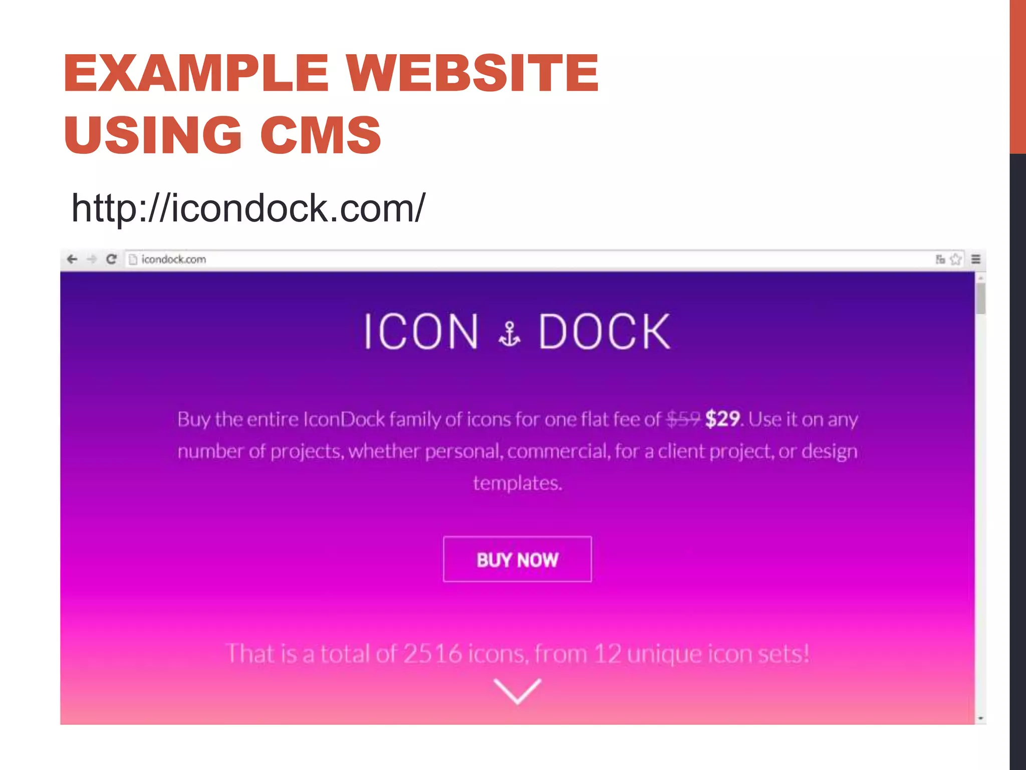 EXAMPLE WEBSITE 
USING CMS 
http://icondock.com/ 
 