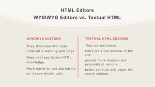 HTML Editors
WYSIWYG Editors vs. Textual HTML
 