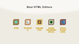 Best HTML Editors
ATOM NOTEPAD
++
SUBLIME
TEXT
ADOBE
DREAMWEA
VER CC
VISUAL
STUDIO
CODE
 