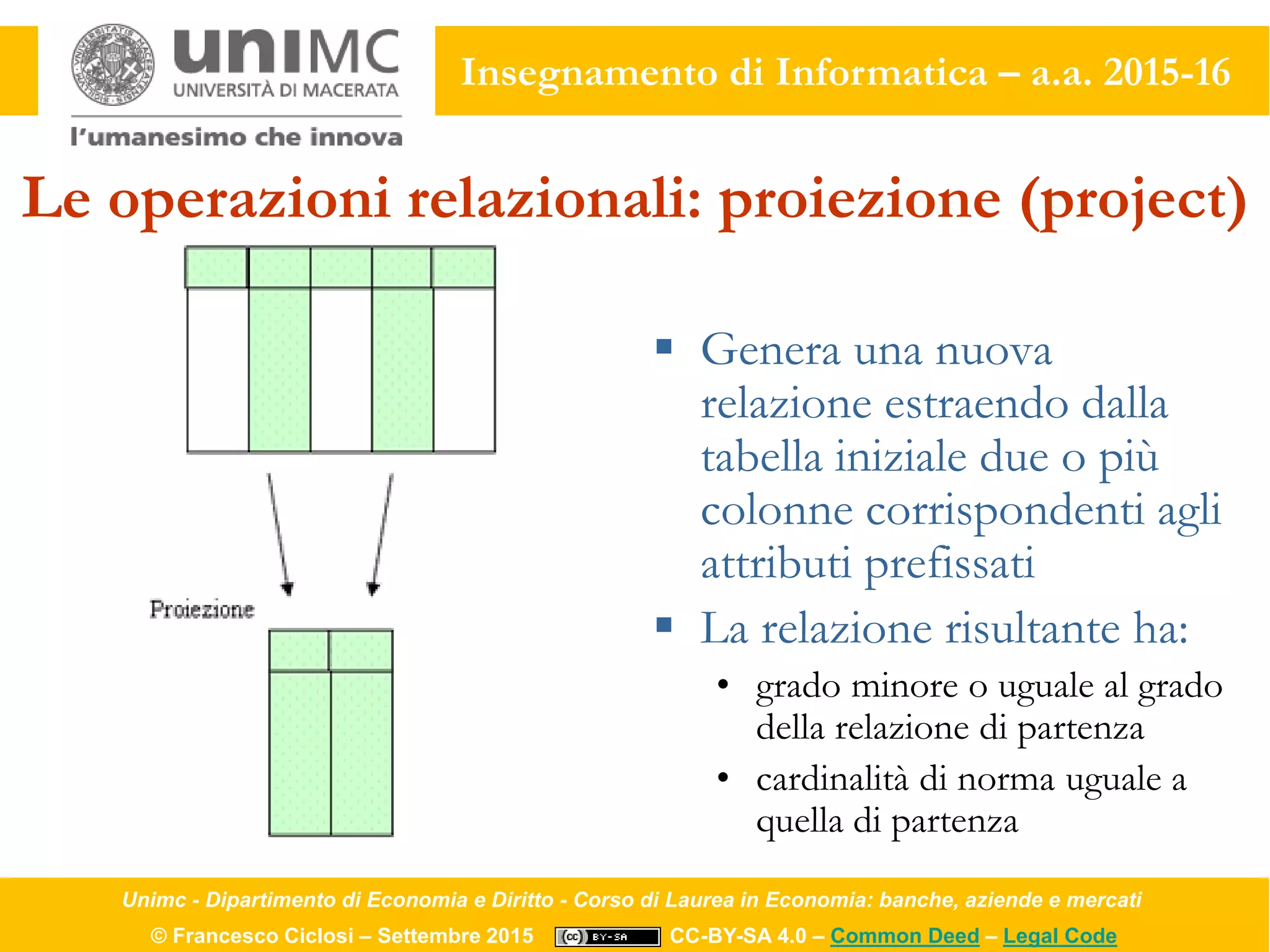 Unimc - Dipartimento di Economia e Diritto - Corso di Laurea in Economia: banche, aziende e mercati
© Francesco Ciclosi – Settembre 2015 CC-BY-SA 4.0 – Common Deed – Legal Code
Insegnamento di Informatica – a.a. 2015-16
Le operazioni relazionali: proiezione (project)
 Genera una nuova
relazione estraendo dalla
tabella iniziale due o più
colonne corrispondenti agli
attributi prefissati
 La relazione risultante ha:
• grado minore o uguale al grado
della relazione di partenza
• cardinalità di norma uguale a
quella di partenza
 