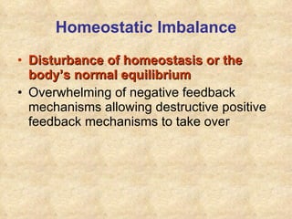 Homeostatic Imbalance Disturbance of homeostasis or the body’s normal equilibrium Overwhelming of negative feedback mechanisms allowing destructive positive feedback mechanisms to take over 