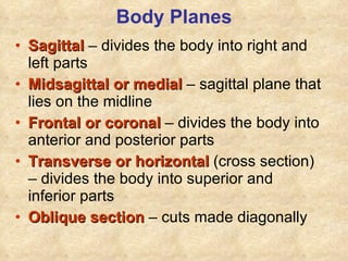 Body Planes Sagittal  – divides the body into right and left parts Midsagittal or medial  – sagittal plane that lies on the midline Frontal or coronal  – divides the body into anterior and posterior parts Transverse or horizontal  (cross section) – divides the body into superior and inferior parts Oblique section  – cuts made diagonally 