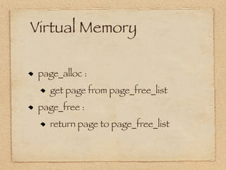 Virtual Memory

 page_alloc :
   get page from page_free_list
 page_free :
   return page to page_free_list
 