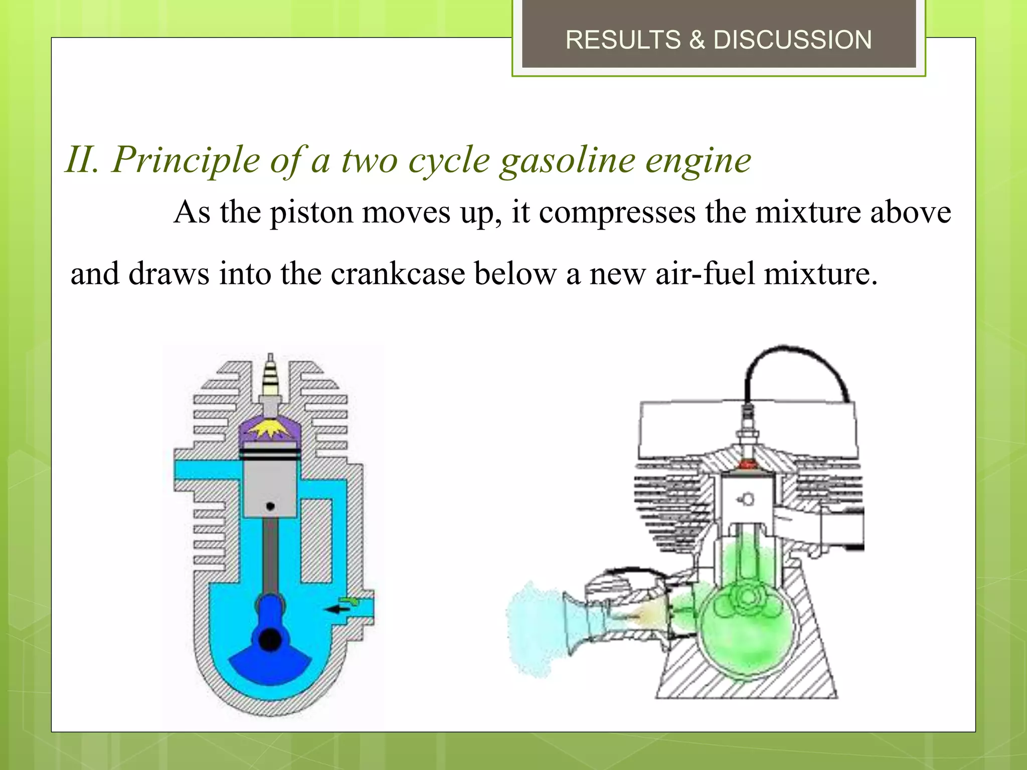 RESULTS & DISCUSSION
II. Principle of a two cycle gasoline engine
As the piston moves up, it compresses the mixture above
and draws into the crankcase below a new air-fuel mixture.
 