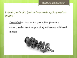 RESULTS & DISCUSSION
I. Basic parts of a typical two-stroke cycle gasoline
engine
• Crankshaft ─ mechanical part able to perform a
conversion between reciprocating motion and rotational
motion
 