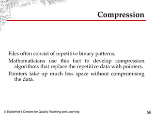 © ExplorNet’s Centers for Quality Teaching and Learning 56
Compression
Files often consist of repetitive binary patterns.
Mathematicians use this fact to develop compression
algorithms that replace the repetitive data with pointers.
Pointers take up much less space without compromising
the data.
 
