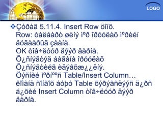 Çóðàã 5.11.4. Insert Row öîíõ. Row: òàëáàðò øèíý ìºð îðóóëàõ ìºðèéí äóãààðûã çààíà. OK òîâ÷ëóóð äýýð äàðíà. Õ¿ñíýãòýä áàãàíà îðóóëàõ Õ¿ñíýãòèéã èäýâõæ¿¿ëíý. Öýñíèé ìºðíººñ Table/Insert Column… êîìàíä ñîíãîõ áóþó Table õýðýãñëýýñ ä¿ðñ á¿õèé Insert Column òîâ÷ëóóð äýýð äàðíà. 
