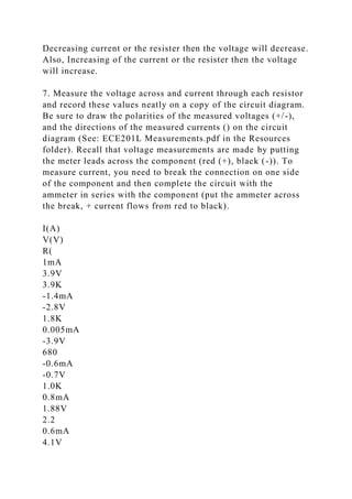 Decreasing current or the resister then the voltage will decrease.
Also, Increasing of the current or the resister then the voltage
will increase.
7. Measure the voltage across and current through each resistor
and record these values neatly on a copy of the circuit diagram.
Be sure to draw the polarities of the measured voltages (+/-),
and the directions of the measured currents () on the circuit
diagram (See: ECE201L Measurements.pdf in the Resources
folder). Recall that voltage measurements are made by putting
the meter leads across the component (red (+), black (-)). To
measure current, you need to break the connection on one side
of the component and then complete the circuit with the
ammeter in series with the component (put the ammeter across
the break, + current flows from red to black).
I(A)
V(V)
R(
1mA
3.9V
3.9K
-1.4mA
-2.8V
1.8K
0.005mA
-3.9V
680
-0.6mA
-0.7V
1.0K
0.8mA
1.88V
2.2
0.6mA
4.1V
 