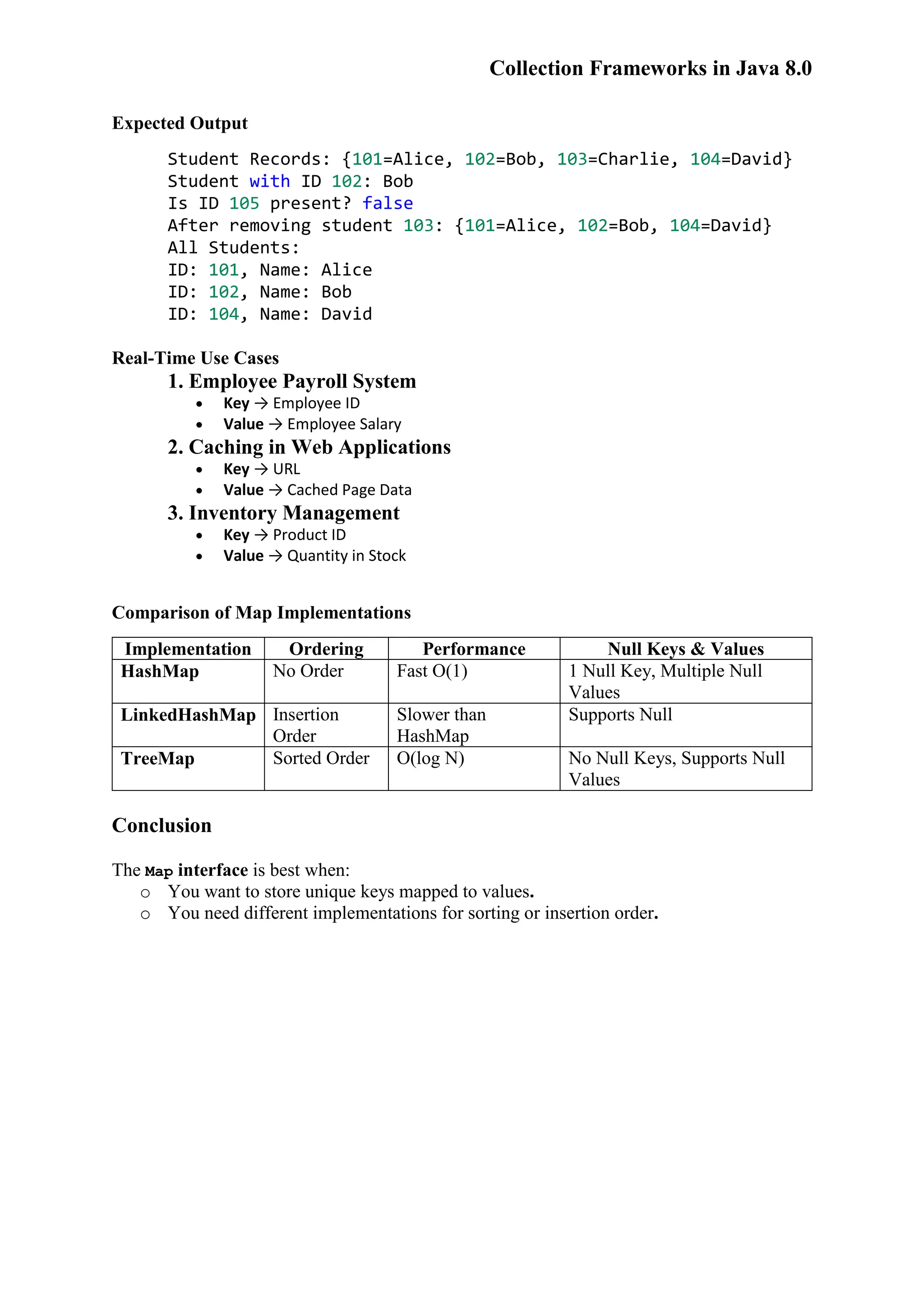 Collection Frameworks in Java 8.0 Expected Output Student Records: {101=Alice, 102=Bob, 103=Charlie, 104=David} Student with ID 102: Bob Is ID 105 present? false After removing student 103: {101=Alice, 102=Bob, 104=David} All Students: ID: 101, Name: Alice ID: 102, Name: Bob ID: 104, Name: David Real-Time Use Cases 1. Employee Payroll System  Key → Employee ID  Value → Employee Salary 2. Caching in Web Applications  Key → URL  Value → Cached Page Data 3. Inventory Management  Key → Product ID  Value → Quantity in Stock Comparison of Map Implementations Implementation Ordering Performance Null Keys & Values HashMap No Order Fast O(1) 1 Null Key, Multiple Null Values LinkedHashMap Insertion Order Slower than HashMap Supports Null TreeMap Sorted Order O(log N) No Null Keys, Supports Null Values Conclusion The Map interface is best when: o You want to store unique keys mapped to values. o You need different implementations for sorting or insertion order. 