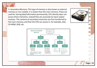 3. Secondary Memory: This type of memory is also known as external
memory or non-volatile. It is slower than the main memory. These are
used for storing data/information permanently. CPU directly does not
access these memories, instead they are accessed via input-output
routines. The contents of secondary memories are first transferred to
the main memory, and then the CPU can access it. For example, disk,
CD-ROM, DVD, etc.
Page:-10
 