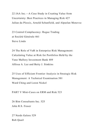 22 JAA Inc.—A Case Study in Creating Value from
Uncertainty: Best Practices in Managing Risk 427
Julian du Plessis, Arnold Schanfield, and Alpaslan Menevse
23 Control Complacency: Rogue Trading
at Société Générale 461
Steve Lindo
24 The Role of VaR in Enterprise Risk Management:
Calculating Value at Risk for Portfolios Held by the
Vane Mallory Investment Bank 489
Allissa A. Lee and Betty J. Simkins
25 Uses of Efficient Frontier Analysis in Strategic Risk
Management: A Technical Examination 501
Ward Ching and Loren Nickel
PART V Mini-Cases on ERM and Risk 523
26 Bim Consultants Inc. 525
John R.S. Fraser
27 Nerds Galore 529
Rob Quail
 
