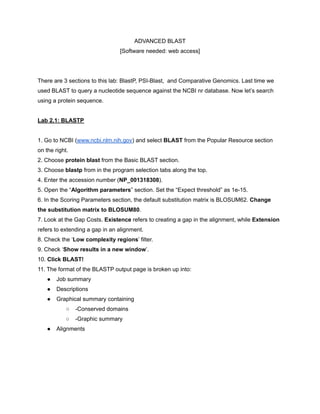 Advanced BLAST (BlastP, PSI-BLAST) | PDF
