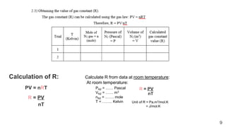 9
Calculation of R:
PV = nRT
R = PV
nT
Calculate R from data at room temperature:
At room temperature:
PN2 = …… Pascal
VN2 = …… m3
nN2 = ……. mole
T = …….. Kelvin
R = PV
nT
Unit of R = Pa.m3/mol.K
= J/mol.K
 