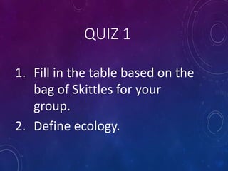 QUIZ 1
1. Fill in the table based on the
bag of Skittles for your
group.
2. Define ecology.
 