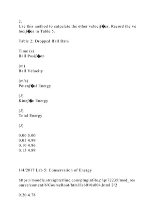 2.
Use this method to calculate the other velociꭍ�es. Record the ve
lociꭍ�es in Table 5.
Table 2: Dropped Ball Data
Time (s)
Ball Posiꭍ�on
(m)
Ball Velocity
(m/s)
Potenꭍ�al Energy
(J)
Kineꭍ�c Energy
(J)
Total Energy
(J)
0.00 5.00
0.05 4.99
0.10 4.96
0.15 4.89
1/4/2017 Lab 5: Conservation of Energy
https://moodle.straighterline.com/pluginfile.php/72235/mod_res
ource/content/6/CourseRoot/html/lab010s004.html 2/2
0.20 4.78
 