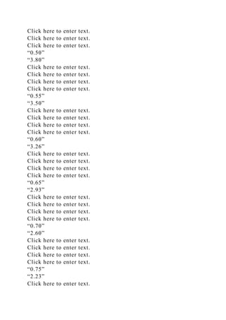 Click here to enter text.
Click here to enter text.
Click here to enter text.
“0.50”
“3.80”
Click here to enter text.
Click here to enter text.
Click here to enter text.
Click here to enter text.
“0.55”
“3.50”
Click here to enter text.
Click here to enter text.
Click here to enter text.
Click here to enter text.
“0.60”
“3.26”
Click here to enter text.
Click here to enter text.
Click here to enter text.
Click here to enter text.
“0.65”
“2.93”
Click here to enter text.
Click here to enter text.
Click here to enter text.
Click here to enter text.
“0.70”
“2.60”
Click here to enter text.
Click here to enter text.
Click here to enter text.
Click here to enter text.
“0.75”
“2.23”
Click here to enter text.
 