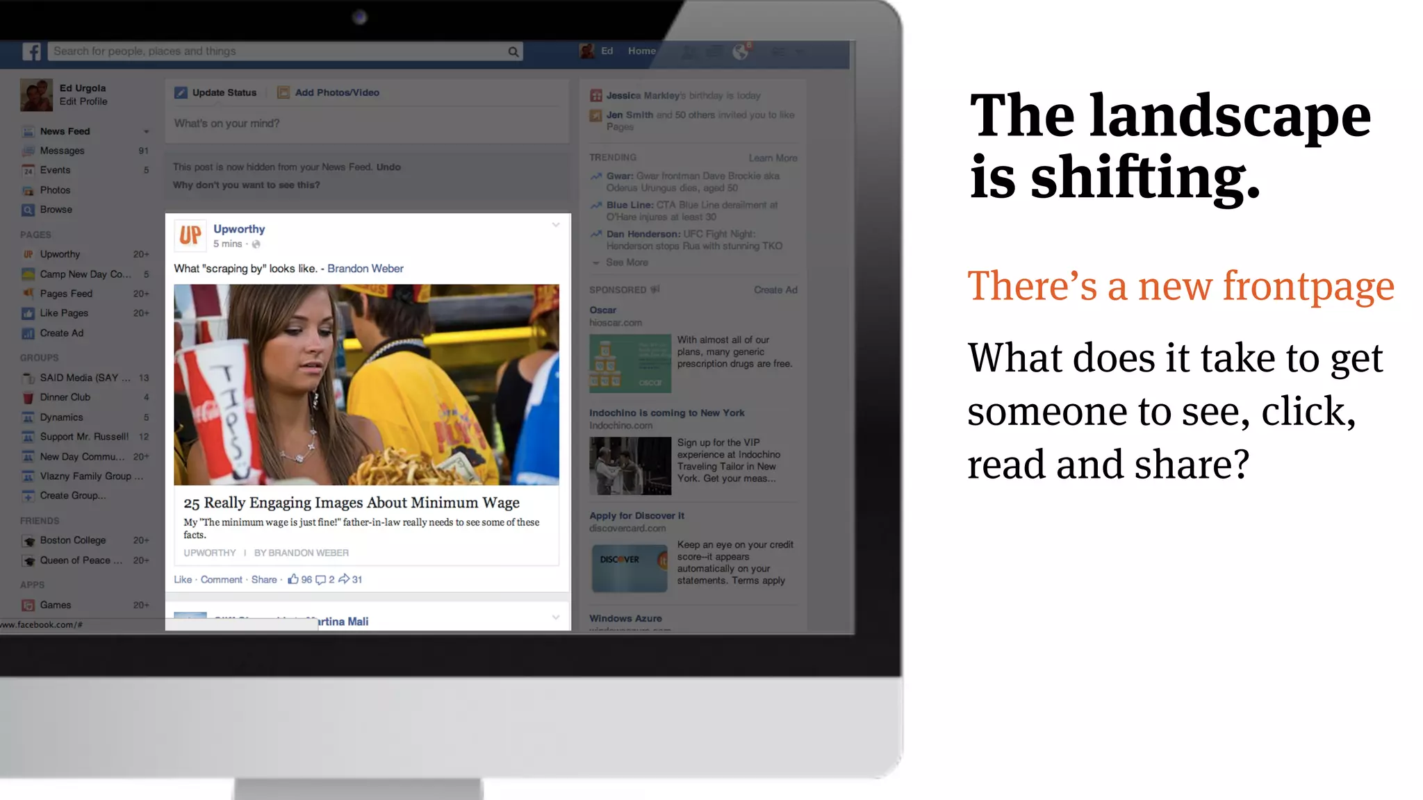 The landscape
is shifting.
There’s a new frontpage
What does it take to get
someone to see, click,
read and share?
 