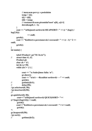 // menyaem pervyy s poslednim
temp = t[i];
t[i] = t[0];
t[0] = temp;
// vosstanavlivaem piramidal'nost' a[0]...a[i-1]
downheap(0, i - 1);
}
cout << "nSlojnosti sortirovki HEAPSORT= " << (r * (log(r) /
log(2.0)))
<< endl;
getch();
cout << "Koli4estvo perestanovok i sravnenii= " << (r - 1) * 2 <<
endl;
getch();
}
int main() {
tabel<Product> gr("D:b.txt");
// struct time t1, t2;
Product pl;
char ch = 'n';
int id, i,r=50;
while (ch != 'y') {
cout << "n Soderjimoe faila: n";
gr.show();
cout << "nnt ~ ~Rezulitat sortirovki ~ ~" << endl;
getch();
// gettime(&t1);
// delay(50);
//gr.selectsort(0, 50);
//gr.insertsort(0,50);
/*
gr.quickSort(0, 50);
cout<<"nSlojnosti sortirovki QUICKSORT= "<<
(r*(log(r)/log(2.0))) <<endl;
getch();
cout<<"Koli4estvo perestanovok i sravnenii= "<<r<<endl;
getch();
*/
gr.heapsort(0,50);
//gr.sort();
// gettime(&t2);
 