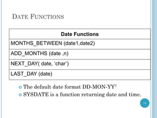 DATE FUNCTIONS
Date Functions
MONTHS_BETWEEN (date1,date2)
ADD_MONTHS (date ,n)
NEXT_DAY( date, ‘char’)
LAST_DAY (date)
14
 The default date format DD-MON-YY7
 SYSDATE is a function returning date and time.
 