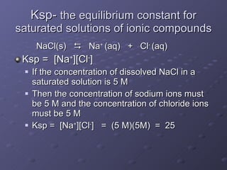 Ksp-  the equilibrium constant for saturated solutions of ionic compounds NaCl(s)     Na +  (aq)  +  Cl -  (aq) Ksp =  [Na + ][Cl - ] If the concentration of dissolved NaCl in a saturated solution is 5 M Then the concentration of sodium ions must be 5 M and the concentration of chloride ions must be 5 M Ksp =  [Na + ][Cl - ]  =  (5 M)(5M)  =  25  