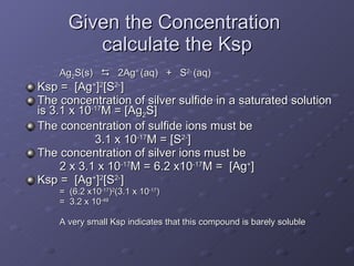 Given the Concentration  calculate the Ksp Ag 2 S(s)     2Ag +  (aq)  +  S 2-  (aq) Ksp =  [Ag + ] 2 [S 2- ]  The concentration of silver sulfide in a saturated solution is 3.1 x 10 -17 M = [Ag 2 S] The concentration of sulfide ions must be 3.1 x 10 -17 M = [S 2- ]  The concentration of silver ions must be  2 x 3.1 x 10 -17 M = 6.2 x10 -17 M =  [Ag + ] Ksp =  [Ag + ] 2 [S 2- ]  =  (6.2 x10 -17 ) 2 (3.1 x 10 -17 ) =  3.2 x 10 -49   A very small Ksp indicates that this compound is barely soluble 