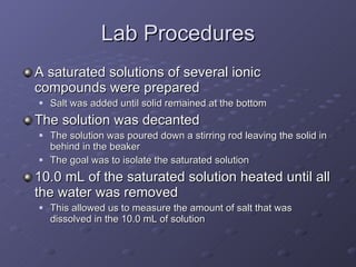Lab Procedures A saturated solutions of several ionic compounds were prepared Salt was added until solid remained at the bottom The solution was decanted The solution was poured down a stirring rod leaving the solid in behind in the beaker The goal was to isolate the saturated solution 10.0 mL of the saturated solution heated until all the water was removed This allowed us to measure the amount of salt that was dissolved in the 10.0 mL of solution 