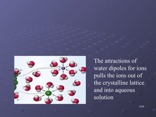 EOS The attractions of water dipoles for ions pulls the ions out of the crystalline lattice and into aqueous solution 
