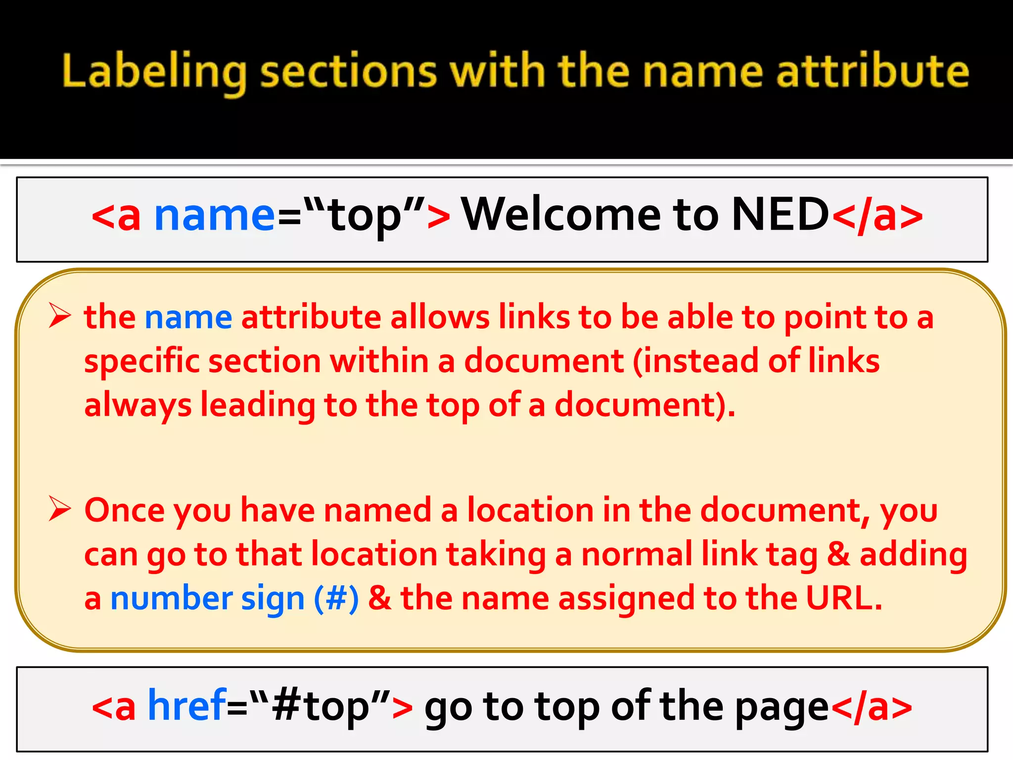 Creating titles for your links <a href=“http://www.yahoo.com”  title=“Yahoo website”> Yahoo! </a> title attribute allows an advisory title that explains the resource in more detail.