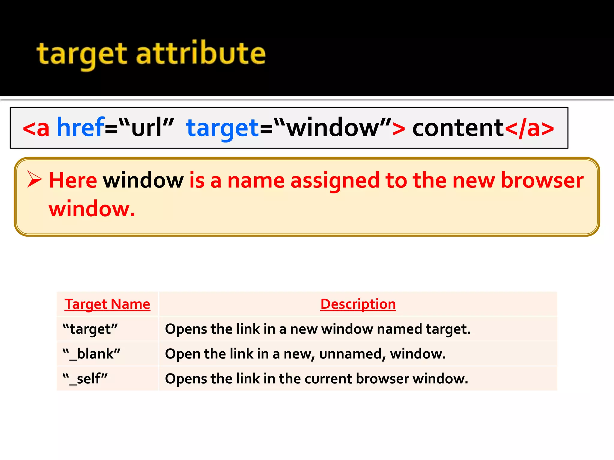 target attribute indicates the name of window where you would like the linked page to appear.target attribute <a href=“url”  target=“window”> content</a> Here window is a name assigned to the new browser window.target attributeThe browsers that obey target attribute, create a new windows that look as if an extra copy of the browser is running.