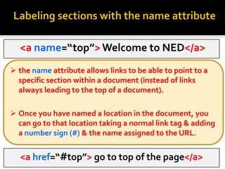 Creating titles for your links <a href=“http://www.yahoo.com”  title=“Yahoo website”> Yahoo! </a> title attribute allows an advisory title that explains the resource in more detail.