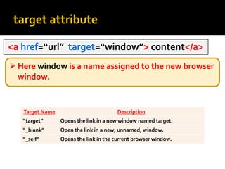 target attribute indicates the name of window where you would like the linked page to appear.target attribute <a href=“url”  target=“window”> content</a> Here window is a name assigned to the new browser window.target attributeThe browsers that obey target attribute, create a new windows that look as if an extra copy of the browser is running.