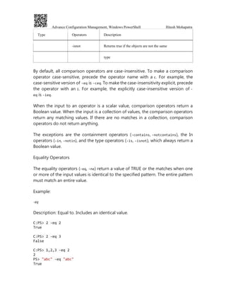 Advance Configuration Management, Windows PowerShell Hitesh Mohapatra
Type Operators Description
-isnot Returns true if the objects are not the same
type
By default, all comparison operators are case-insensitive. To make a comparison
operator case-sensitive, precede the operator name with a c. For example, the
case-sensitive version of -eq is -ceq. To make the case-insensitivity explicit, precede
the operator with an i. For example, the explicitly case-insensitive version of -
eq is -ieq.
When the input to an operator is a scalar value, comparison operators return a
Boolean value. When the input is a collection of values, the comparison operators
return any matching values. If there are no matches in a collection, comparison
operators do not return anything.
The exceptions are the containment operators (-contains, -notcontains), the In
operators (-in, -notin), and the type operators (-is, -isnot), which always return a
Boolean value.
Equality Operators
The equality operators (-eq, -ne) return a value of TRUE or the matches when one
or more of the input values is identical to the specified pattern. The entire pattern
must match an entire value.
Example:
-eq
Description: Equal to. Includes an identical value.
C:PS> 2 -eq 2
True
C:PS> 2 -eq 3
False
C:PS> 1,2,3 -eq 2
2
PS> "abc" -eq "abc"
True
 