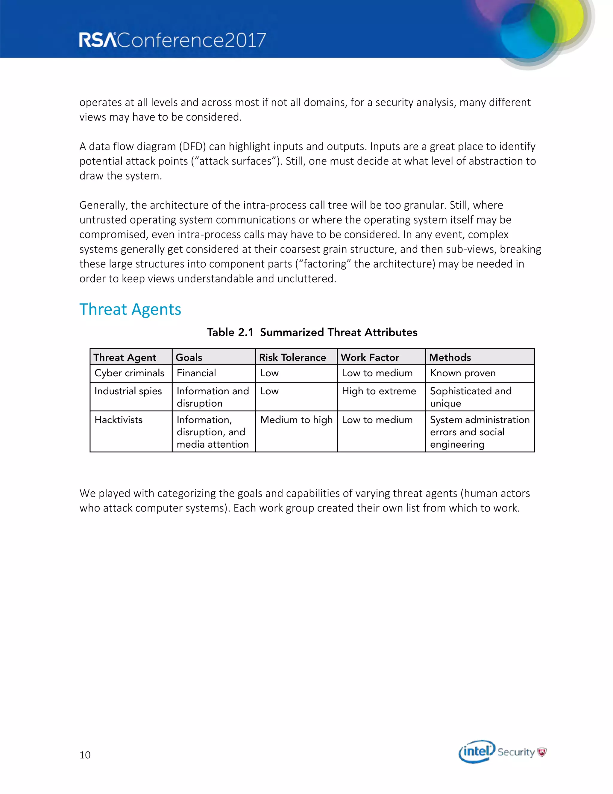 10
operates at all levels and across most if not all domains, for a security analysis, many different
views may have to be considered.
A data flow diagram (DFD) can highlight inputs and outputs. Inputs are a great place to identify
potential attack points (“attack surfaces”). Still, one must decide at what level of abstraction to
draw the system.
Generally, the architecture of the intra-process call tree will be too granular. Still, where
untrusted operating system communications or where the operating system itself may be
compromised, even intra-process calls may have to be considered. In any event, complex
systems generally get considered at their coarsest grain structure, and then sub-views, breaking
these large structures into component parts (“factoring” the architecture) may be needed in
order to keep views understandable and uncluttered.
Threat Agents
We played with categorizing the goals and capabilities of varying threat agents (human actors
who attack computer systems). Each work group created their own list from which to work.
 