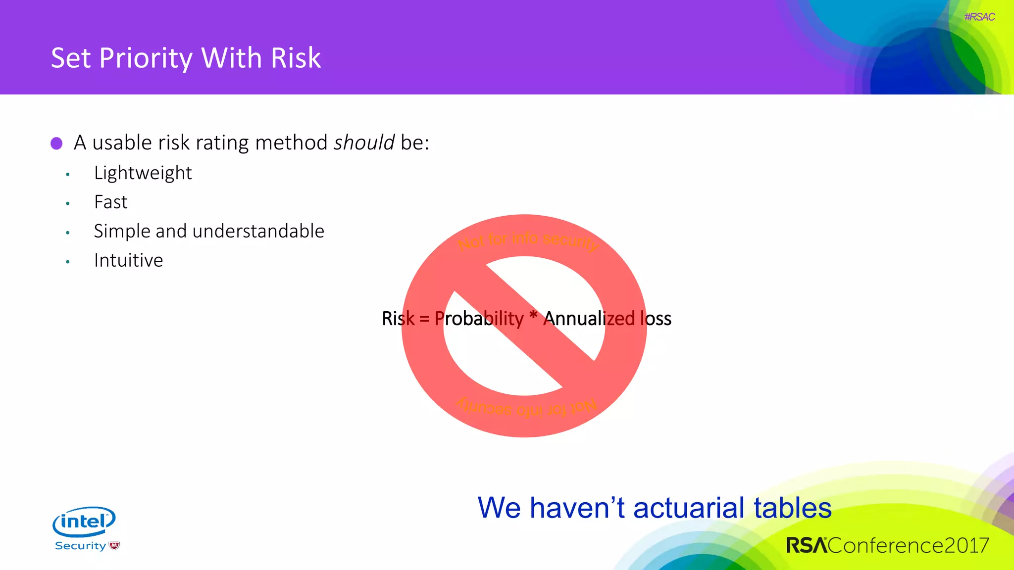 #RSAC
Set Priority With Risk
A usable risk rating method should be:
• Lightweight
• Fast
• Simple and understandable
• Intuitive
Risk = Probability * Annualized loss
We haven’t actuarial tables
 