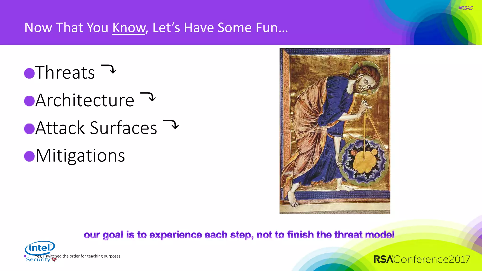 #RSAC
Yes, I switched the order for teaching purposes
Now That You Know, Let’s Have Some Fun…
Threats ⤵
Architecture ⤵
Attack Surfaces ⤵
Mitigations
 
