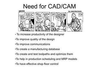 Need for CAD/CAM
• To increase productivity of the designer
•To improve quality of the design
•To improve communications
•To create a manufacturing database
•To create and test toolpaths and optimize them
•To help in production scheduling and MRP models
•To have effective shop floor control
 