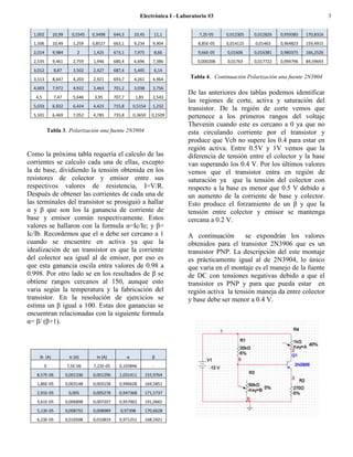 Electrónica I –Laboratorio #3                                                3


  1,002        10,99     0,5345   0,3498     644,3       10,45       11,1          7,2E-05   0,012305   0,012826   0,959385   170,8316
  1,506        10,49      1,259   0,8527     663,1       9,234      9,904         8,85E-05   0,014115   0,01463    0,964823   159,4915
  2,014        9,984        2     1,425      673,1       7,975       8,66         9,66E-05   0,01606    0,016381   0,980375   166,2526
  2,535        9,461      2,759   1,946      680,4       6,696      7,386         0,000208   0,01763    0,017722   0,994796   84,59693
  3,012        8,87       3,502   2,427      687,4       5,445       6,14
  3,513        8,647      4,203   2,921      693,7       4,261      4,964      Tabla 4. Continuación Polarización una fuente 2N3904
  4,003        7,972      4,922   3,463      701,2       3,038      3,756
                                                                              De las anteriores dos tablas podemos identificar
   4,5         7,47       5,646    3,95      707,7        1,83      2,543
                                                                              las regiones de corte, activa y saturación del
  5,033        6,932      6,424   4,423      715,8       0,5154     1,232
                                                                              transistor. De la región de corte vemos que
  5,501        6,469      7,052   4,785      735,8       0,3650     0,1509    pertenece a los primeros rangos del voltaje
                                                                              Thevenin cuando este es cercano a 0 ya que no
             Tabla 3. Polarización una fuente 2N3904                          esta circulando corriente por el transistor y
                                                                              produce que Vcb no supere los 0.4 para estar en
                                                                              región activa. Entre 0.5V y 1V vemos que la
Como la próxima tabla requería el calculo de las                              diferencia de tensión entre el colector y la base
corrientes se calculo cada una de ellas, excepto                              van superando los 0.4 V. Por los últimos valores
la de base, dividiendo la tensión obtenida en los                             vemos que el transistor entra en región de
resistores de colector y emisor entre sus                                     saturación ya que la tensión del colector con
respectivos valores de resistencia, I=V/R.                                    respecto a la base es menor que 0.5 V debido a
Después de obtener las corrientes de cada una de                              un aumento de la corriente de base y colector.
las terminales del transistor se prosiguió a hallar                           Esto produce el forzamiento de un β y que la
α y β que son los la ganancia de corriente de                                 tensión entre colector y emisor se mantenga
base y emisor común respectivamente. Estos                                    cercana a 0.2 V.
valores se hallaron con la formula α=Ic/Ie; y β=
Ic/Ib. Recordemos que el α debe ser cercano a 1                               A continuación       se expondrán los valores
cuando se encuentre en activa ya que la                                       obtenidos para el transistor 2N3906 que es un
idealización de un transistor es que la corriente                             transistor PNP. La descripción del este montaje
del colector sea igual al de emisor, por eso es                               es prácticamente igual al de 2N3904, lo único
que esta ganancia oscila entra valores de 0.98 a                              que varia en el montaje es el manejo de la fuente
0.998. Por otro lado se en los resultados de β se                             de DC con tensiones negativas debido a que el
obtiene rangos cercanos al 150, aunque esto                                   transistor es PNP y para que pueda estar en
varia según la temperatura y la fabricación del                               región activa la tensión maneja da entre colector
transistor. En la resolución de ejercicios se                                 y base debe ser menor a 0.4 V.
estima un β igual a 100. Estas dos ganancias se
encuentran relacionadas con la siguiente formula
α= β/ (β+1).




    Ib (A)              Ic (A)      Ie (A)           α              β
         0             7,5E-06    7,22E-05     0,103846             -
   8,57E-06            0,001336   0,001296     1,031411          155,9764
   1,86E-05            0,003148   0,003158     0,996628          169,5851
   2,91E-05             0,005     0,005278     0,947368          171,5737
   3,61E-05            0,006898   0,007207     0,957002          191,0665
   5,13E-05            0,008755   0,008989      0,97398          170,6628
   6,23E-05            0,010508   0,010819     0,971251          168,5921
 