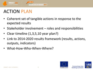 ACTION PLAN
• Coherent set of tangible actions in response to the
expected results
• Stakeholder involvement – roles and responsibilities
• Clear timeline (1,3,5,10 year plan?)
• Link to 2014-2020 results framework (results, actions,
outputs, indicators)
• What-How-Who-When-Where?
URBACT LAB 1 SESSION 3 8
 