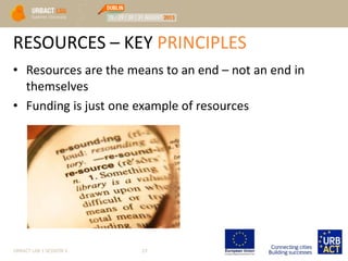 RESOURCES – KEY PRINCIPLES
• Resources are the means to an end – not an end in
themselves
• Funding is just one example of resources
URBACT LAB 1 SESSION 3 23
 