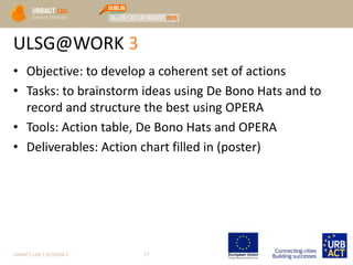 ULSG@WORK 3
• Objective: to develop a coherent set of actions
• Tasks: to brainstorm ideas using De Bono Hats and to
record and structure the best using OPERA
• Tools: Action table, De Bono Hats and OPERA
• Deliverables: Action chart filled in (poster)
URBACT LAB 1 SESSION 3 27
 