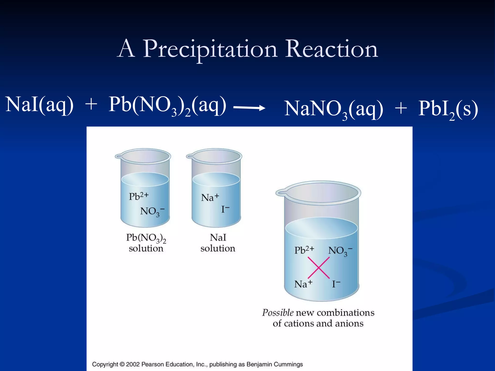 A Precipitation Reaction NaI(aq)  +  Pb(NO 3 ) 2 (aq) NaNO 3 (aq)  +  PbI 2 (s) 