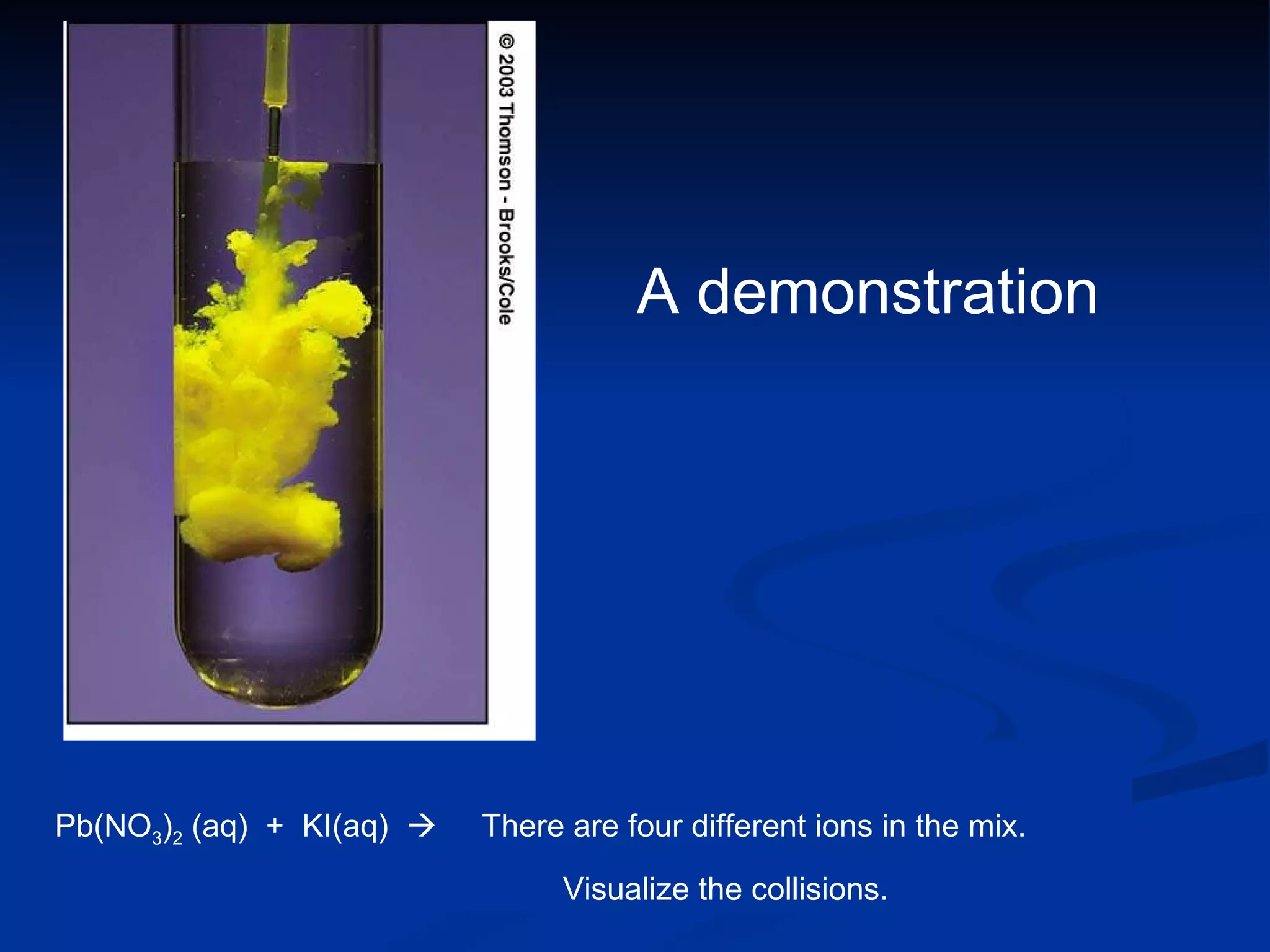 A demonstration   Pb(NO 3 ) 2  (aq)  +  KI(aq)     There are four different ions in the mix. Visualize the collisions.  