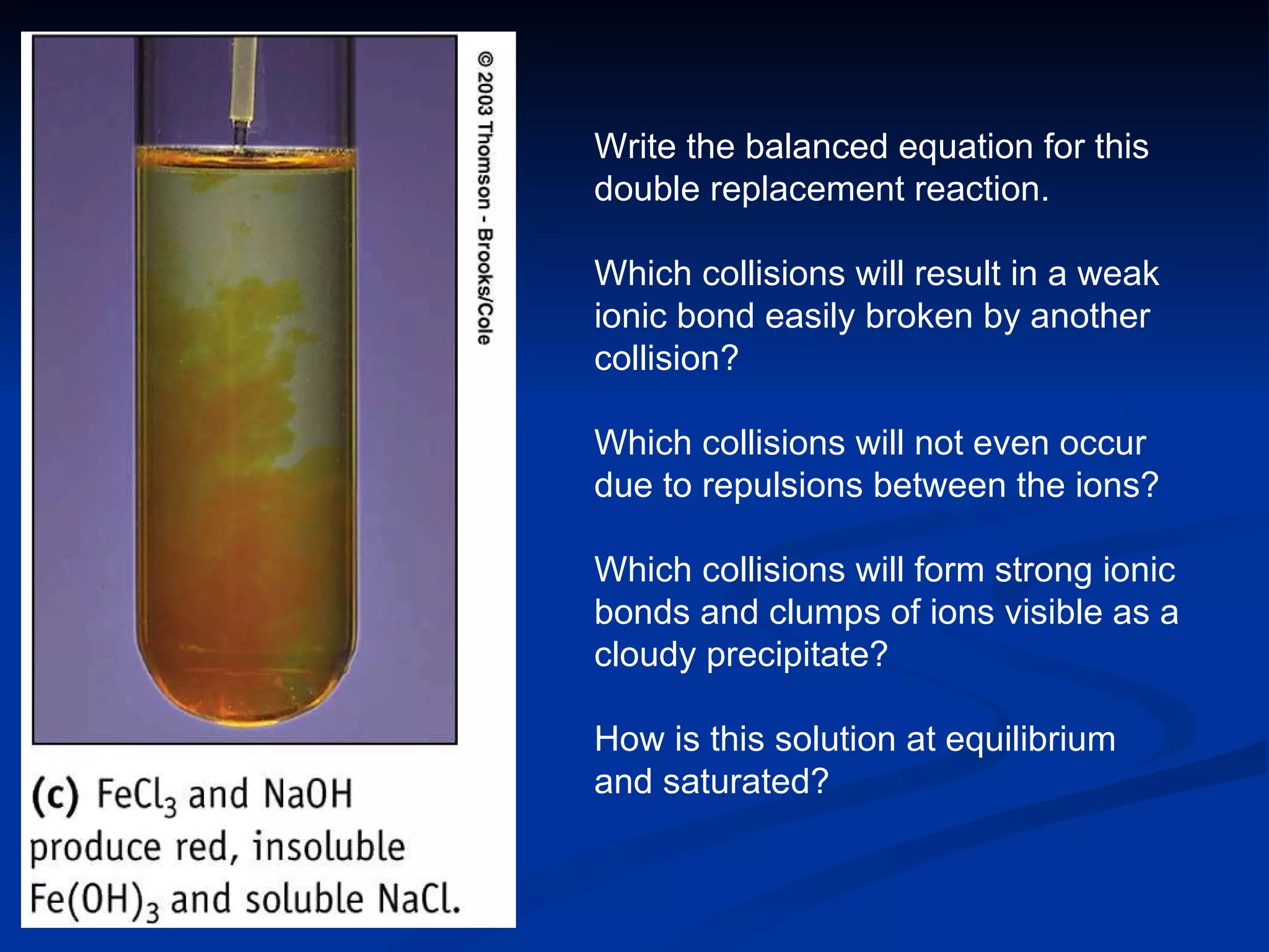 Write the balanced equation for this double replacement reaction. Which collisions will result in a weak ionic bond easily broken by another collision?  Which collisions will not even occur due to repulsions between the ions? Which collisions will form strong ionic bonds and clumps of ions visible as a cloudy precipitate? How is this solution at equilibrium and saturated? 